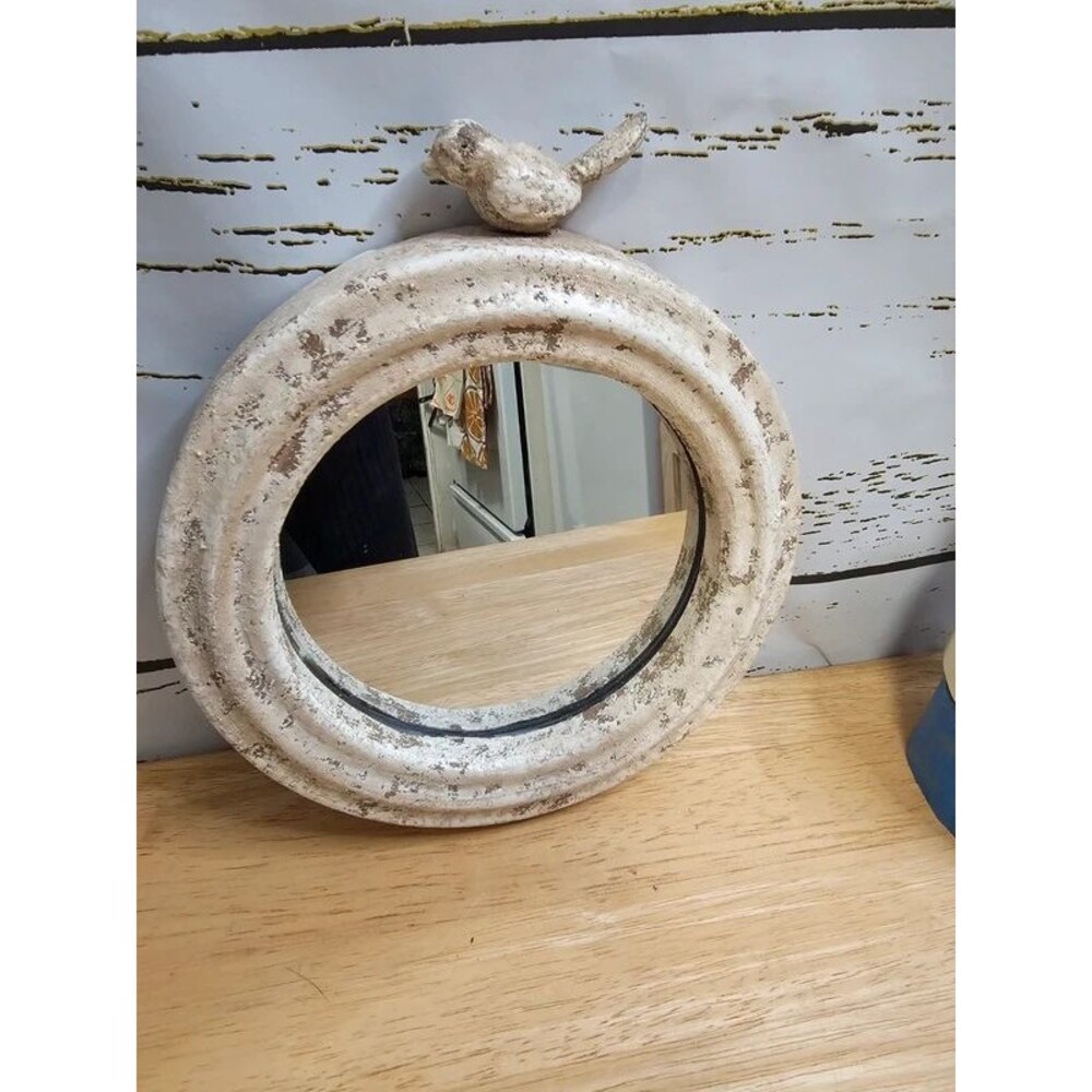 Distressed White Bird Round Wall Mirror French Country Cottage Decor 10"